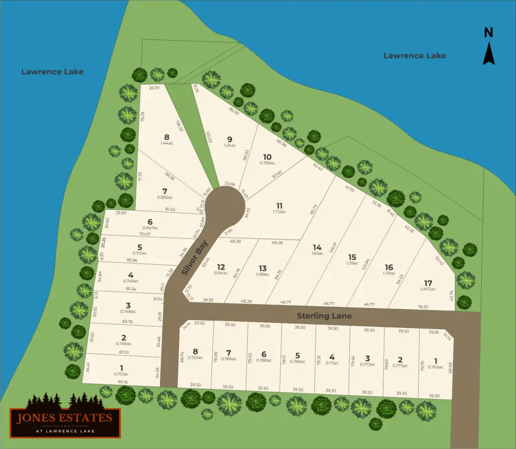 illustration of the subdivision showing the lot layout and sorrounding shoreline