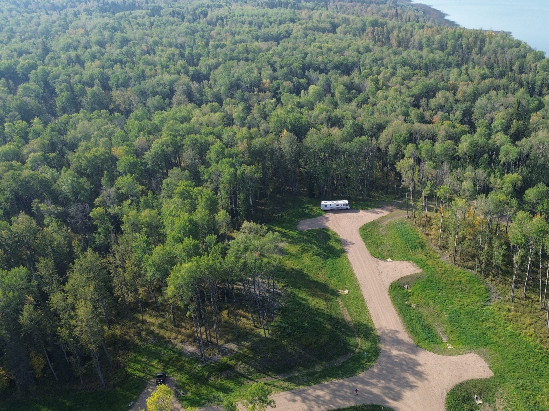 an aerial shot of an RV parked on the site