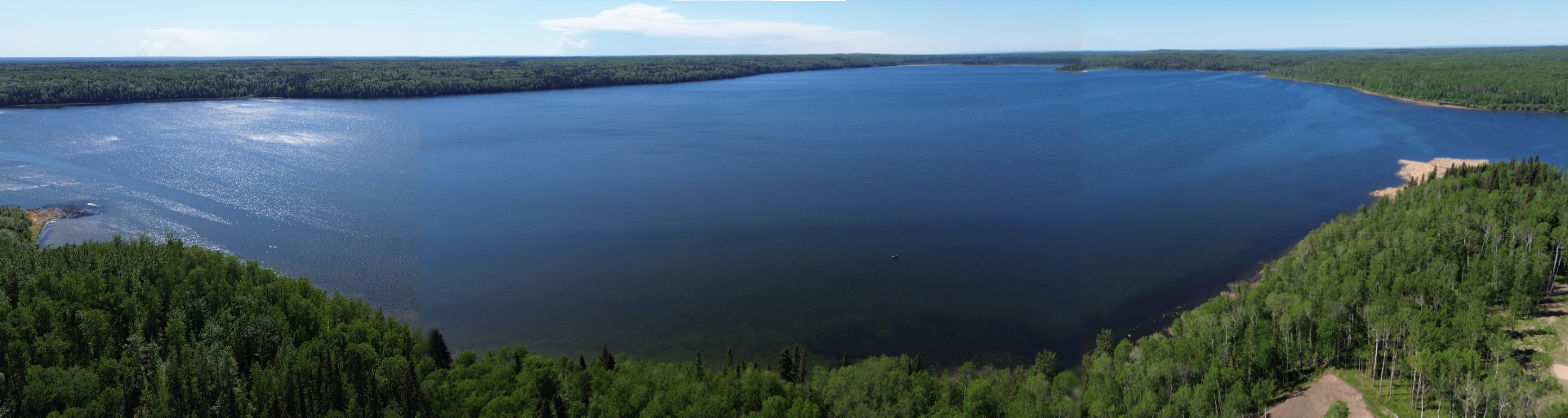a panoramic arial view of Lawrence Lake facing west