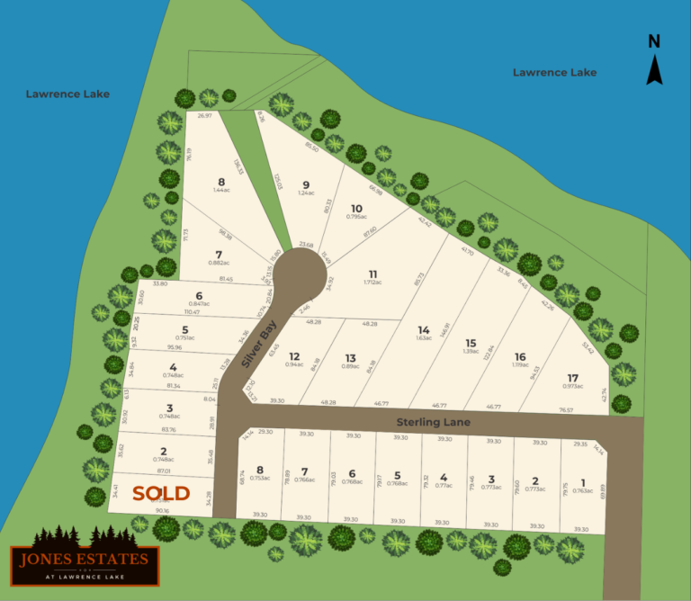 a map of the subdivision showing lots with numbers and which lots have sold